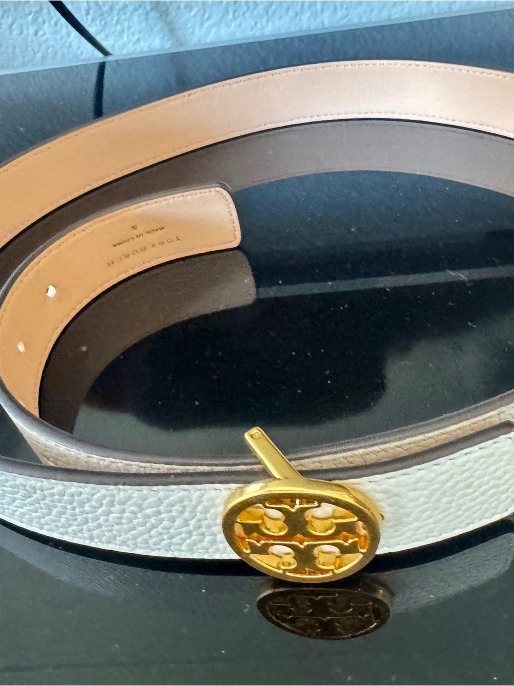 Tory Burch White Pebbled Leather Belt with Gold Logo Buckle